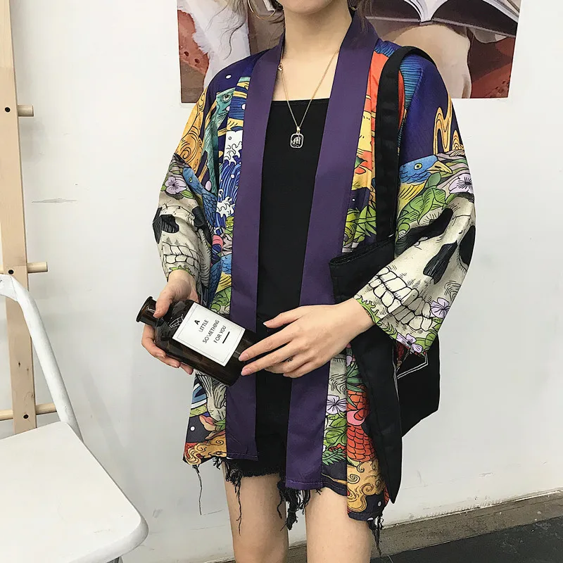 Woherb Summer Japanese Harajuku Kimono Skull Print Vintage Blouse Sunscreen Yukata Cardigan Jacket Women and Man Shirt 21300
