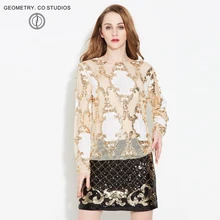 Сетчатая ткань ажурные жемчужные блестки телесный черный цвет Топы с длинными рукавами уличная футболка с круглым вырезом женские вечерние предметы первой необходимости