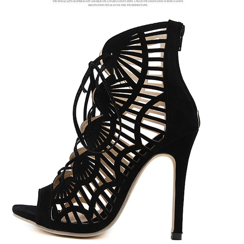 Rumbidzo/Брендовые женские туфли-лодочки; коллекция года; повседневные туфли на высоком каблуке с открытым носком, на шнуровке, с вырезами; женские туфли-гладиаторы на высоком тонком каблуке; Sapatos - Цвет: Черный