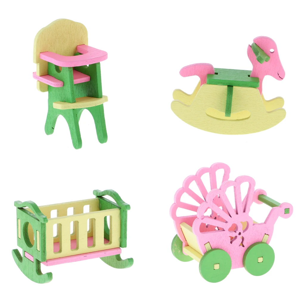 Doll House Baby Room Set Wooden Miniature Dollhouse Furniture Bathroom/Bedroom/Kitchen Room Accessories Set Kids Toys Gifts