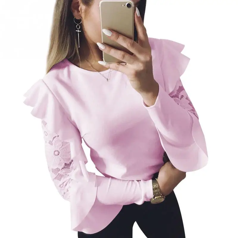С длинным рукавом Bodycon Falbala повседневные весенние белый/розовый/хаки сплошной