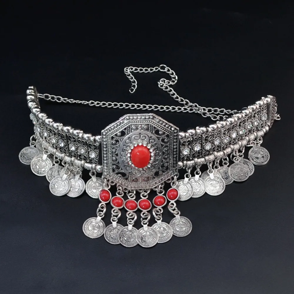 Gypsy Boho Maxi Jewelry Red Blue Stone Silver Chunky Flower Rhinestone Bead Choker Statement Coin Tassel Necklace Women Indian - Image 3