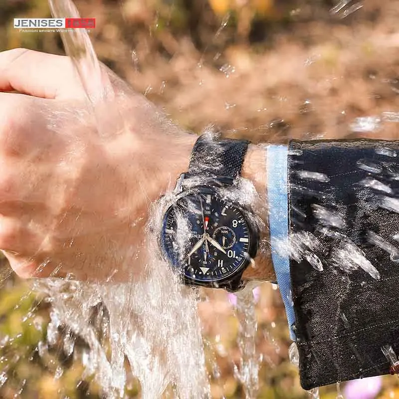 JENISES Chronograph Auto Date Men Sports Watches Top Brand Fashion Military Quartz Wrist Leather St