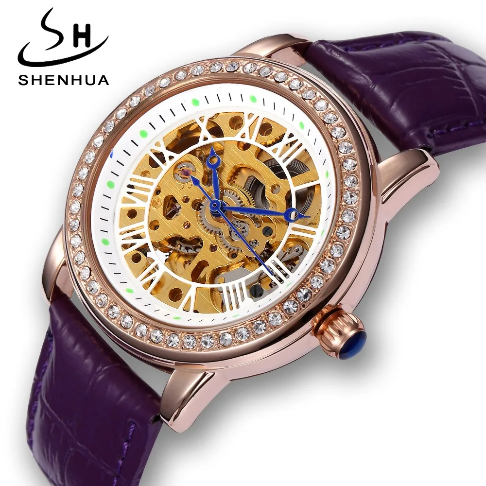Rose Gold Skeleton Mechanical Wrist Watch for Women Ladies Girls Luxury