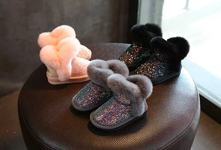 Мода Красочные bling для девочек зимние ботинки для девочек зимняя обувь туфли с мехом для маленьких девочек обуви ЕС 21-37