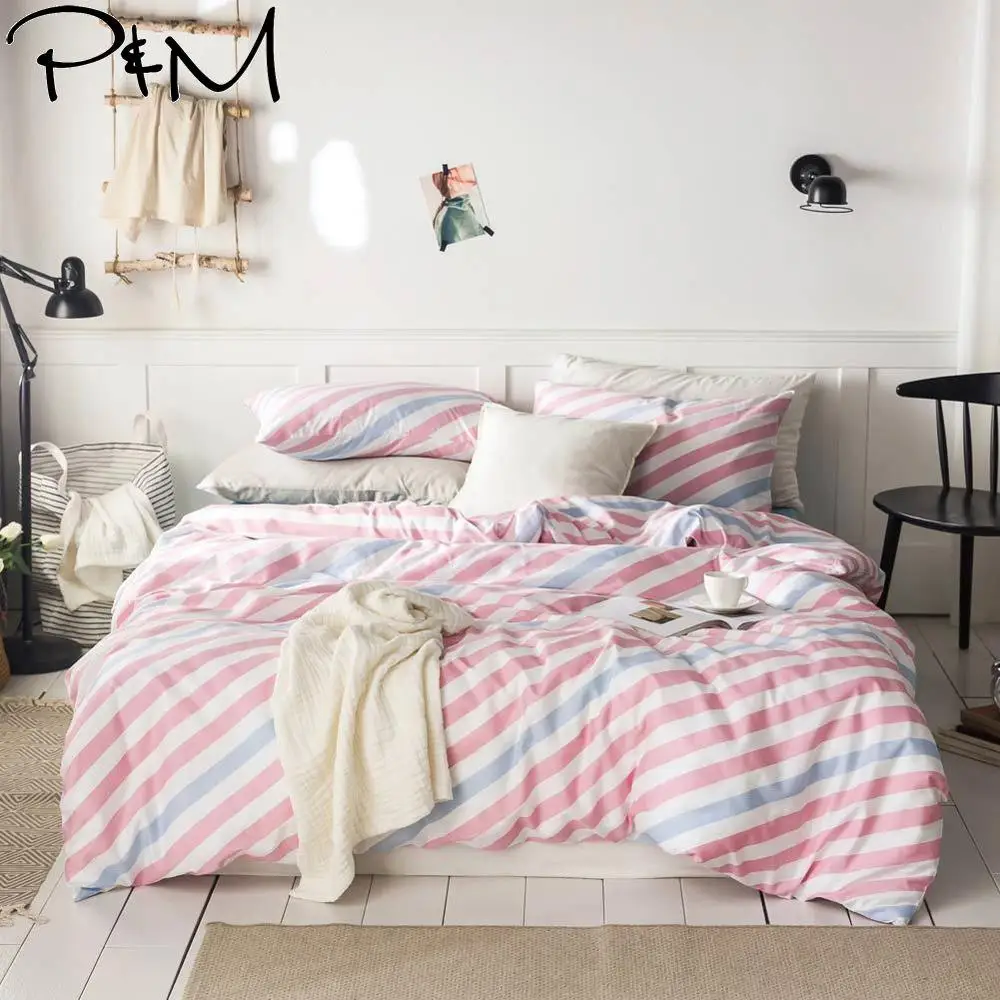

2019 Light Pink Blue Stripes Duvet Cover Set Flat Fitted Sheet Cotton Bedlinens Hypoallergenic Twin Queen King Bedlinens
