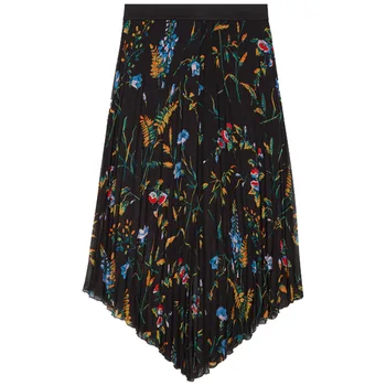 

Women Pleated Flower Print Midi Skirt Fresh Irregular Skirt Spring Autumn