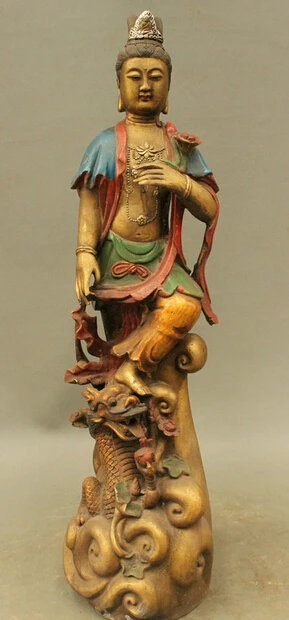 

xd 002746 23 Folk Chinese Bronze Painting Buddhism GuanYin Kwan-Yin Ride Dragon Statue