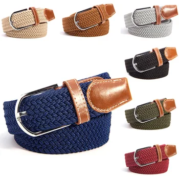 

New Canvas Woven Leather Pin Buckle Elastic Waist Belt Men Women Waistband