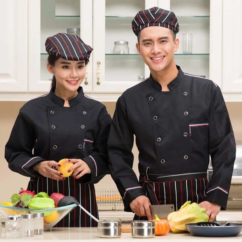 

Fashion Stripe Woman Female Chef Jacket Long Sleeve Restaurant Hotel Chef Uniform Coverall Bakers Work Clothes Plus Size B-5903