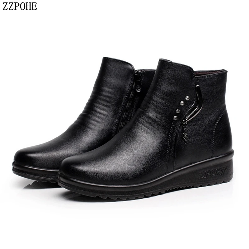 Zzpohe Winter New Fashion Women Shoes Ladies Leather Flat Ankle Boots 