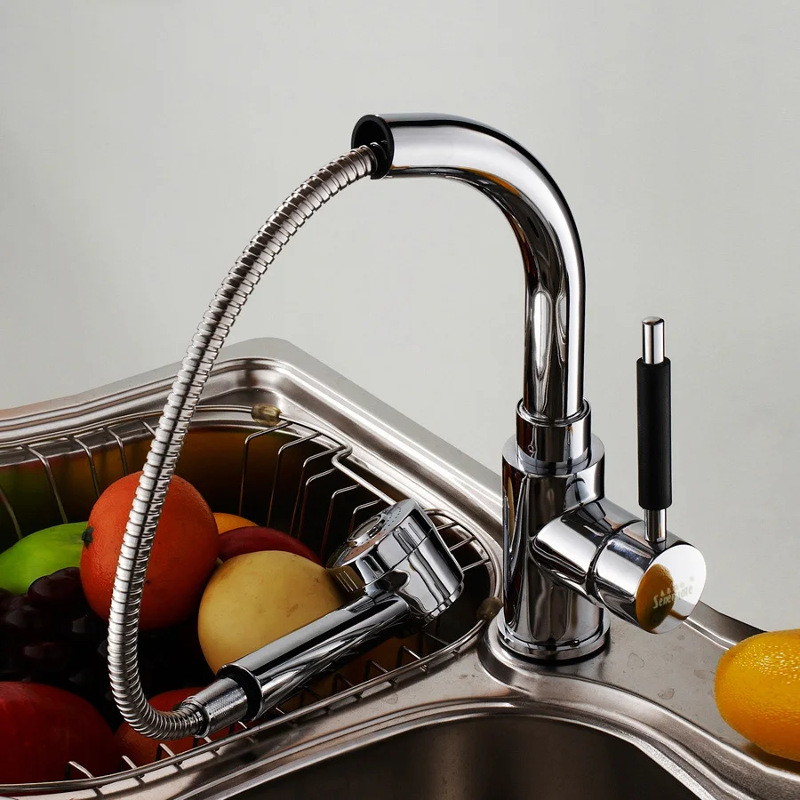 

Copper kitchen faucet pull out nozzle two-site sink hot and cold mixed faucets