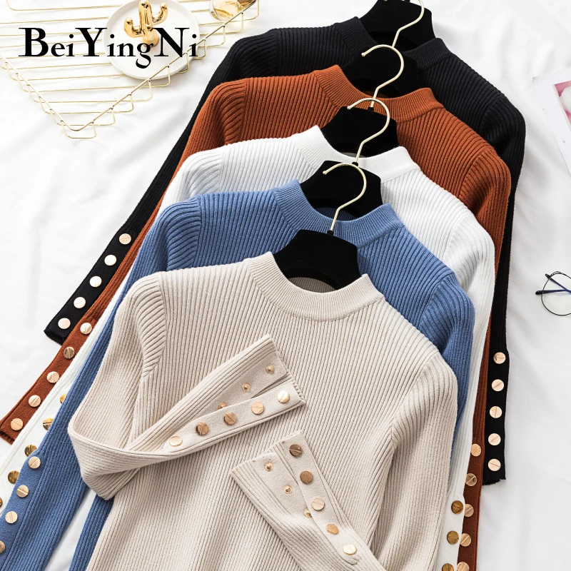 

Beiyingni Winter Women Sweater Buttons Solid Vintage Basic Chic Knitted Top Womans Warm White Black Pullovers Female Slim Jumper