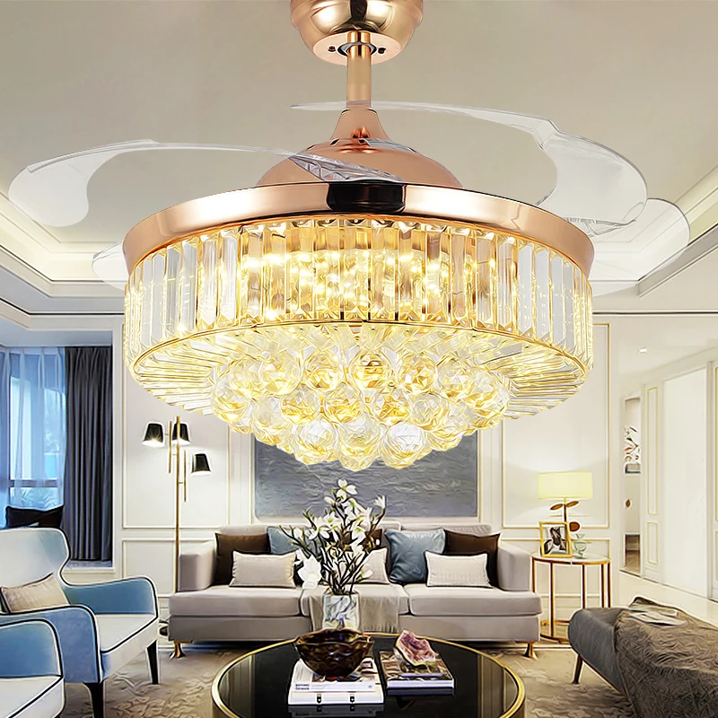 

42 Inch Invisiable Crystal Ceiling Fan Light Modern Luxury Dining Room Ceiling Fan Lamp 4 Fan Blade