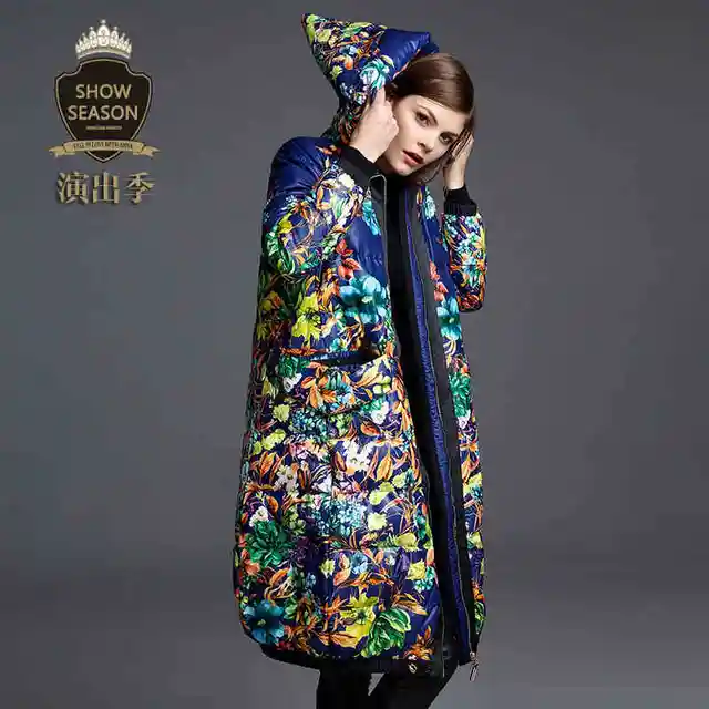 Cheap 2015 Winter New Hot Thicken Warm Woman Down jacket Coat Parkas Outerwear Hooded Printing Luxury Long Plus Size XL Straight Loose