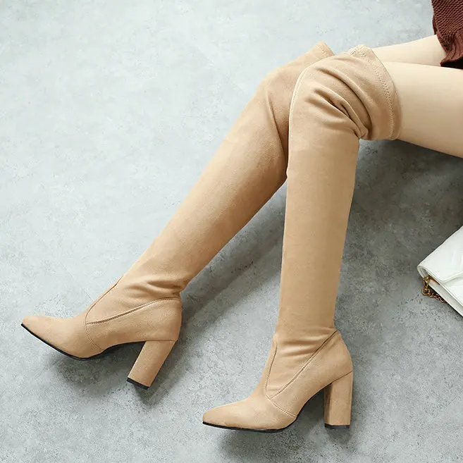 QUTAA/ г. Демисезонные женские Сапоги выше колена модная женская обувь женские сапоги с острым носком на высоком квадратном каблуке размеры 34-43