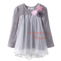 Pettigirl Gray Long Sleeve Patchwork Baby Girl Knit Blouses Tops With 3 Flowers Tulle Spring Fall Korean Fashion Girl Clothing