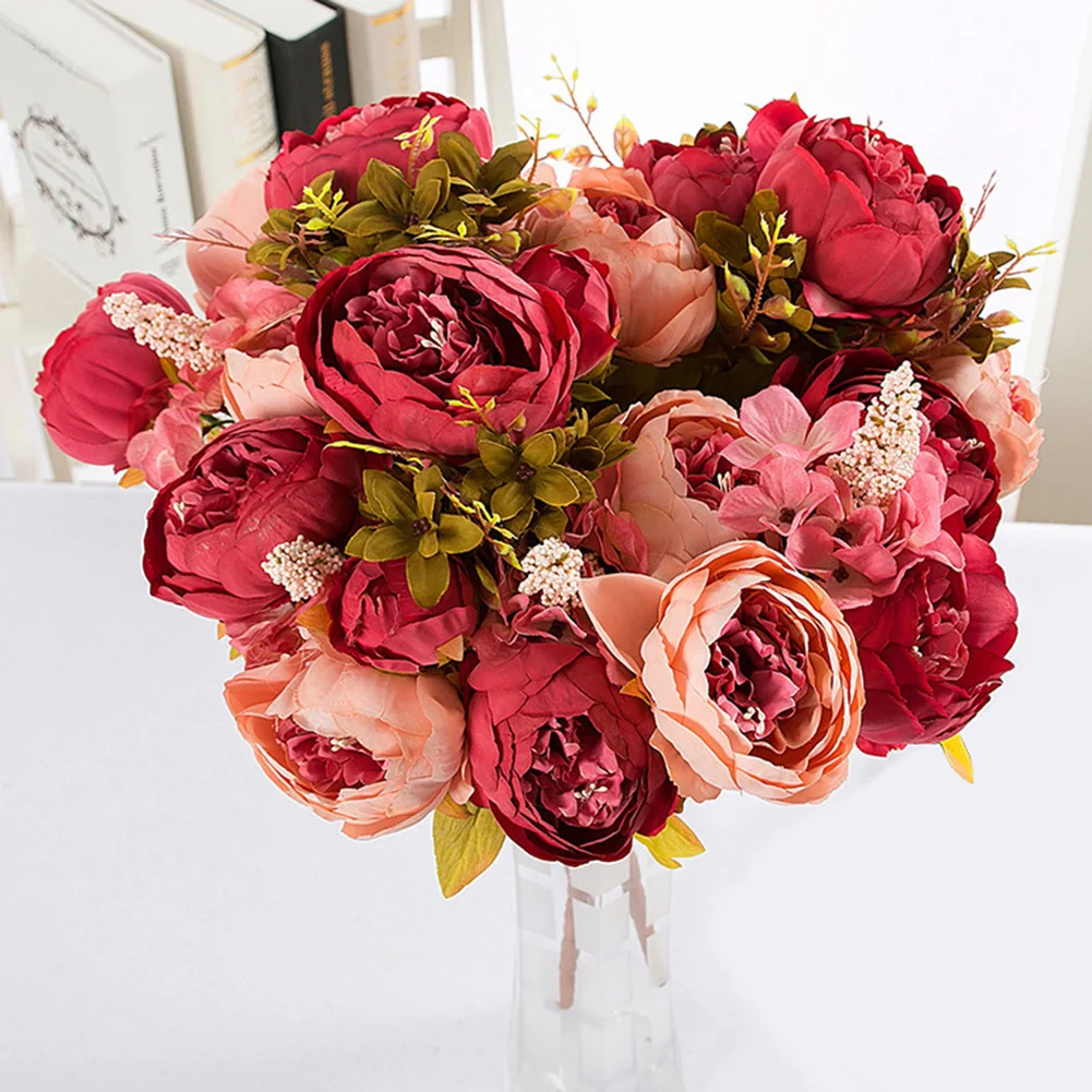 

13 Branch Artificial flowers Peony Vivid flores Artificiales Fake Silk Rose Vivid Peony Fake Leaf Bridal Wedding Party Decor