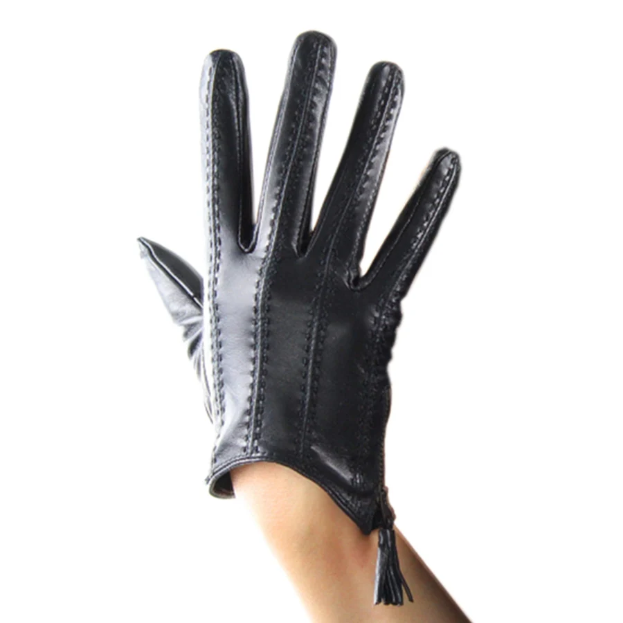 Модные перчатки для сенсорного экрана из натуральной кожи, импортные перчатки из козьей кожи с кисточками на молнии, короткие черные женские модели