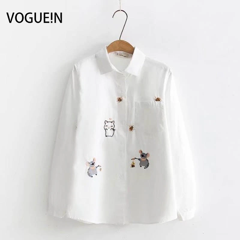 VOGUEIN nueva mujer lindo bordado abeja camisa blanca de larga blusa al por mayor|Blusas y camisas| -
