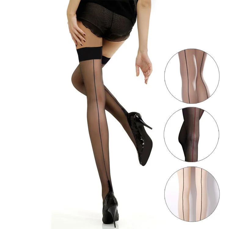 Женские модные сексуальные чулки с задним швом, высокие прозрачные чулки выше колена, нижнее белье, без скольжения - Цвет: Full black