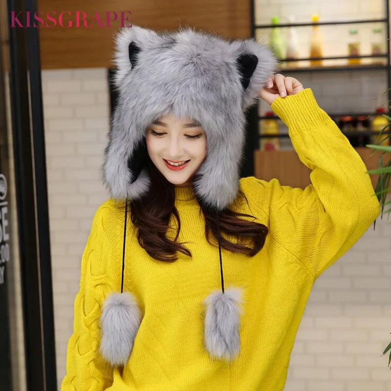 Offerte Pelliccia di Volpe di inverno Berretti Berretti Caldi Cappelli con Le Orecchie di Gatto delle Donne Delle Signore carino Cappelli Berretti con Paraorecchie Bambini Warm Cap Partito Regalo Femminile