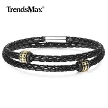 Trendsmax, черный кожаный браслет для мужчин, CZ бисер, нержавеющая сталь, подвески, панк браслет,, мужские Модные ювелирные изделия DLBM35