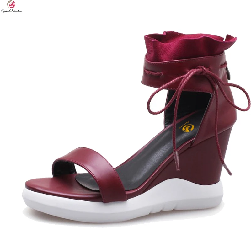 

Original Intention New Women Wedges Sandals Cow Leather Popular Open Toe Beautiful Black Wine Red Wedding Shoes Women Size 4-8.5