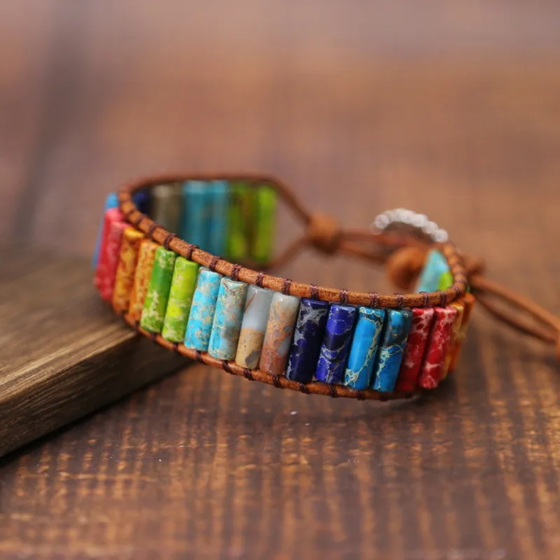 

Chakra Bracelet Jewelry Handmade Multi Color Natural Stone Tube Beads Leather Wrap Couples Bracelets Creative Gifts Dropshipping