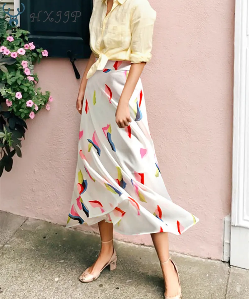 

HXJJP Women Fashion Florals Print Long Skirt Female Boho Style Elastic High Waist Chiffon Casual Beach Skirts Saias Summer