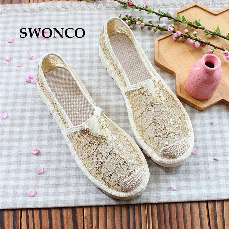 SWONCO/Женская обувь на плоской подошве; рыбацкие ботинки; коллекция года; сезон весна; модная женская обувь с вышивкой из пеньки; Повседневная обувь; женская дышащая парусиновая обувь