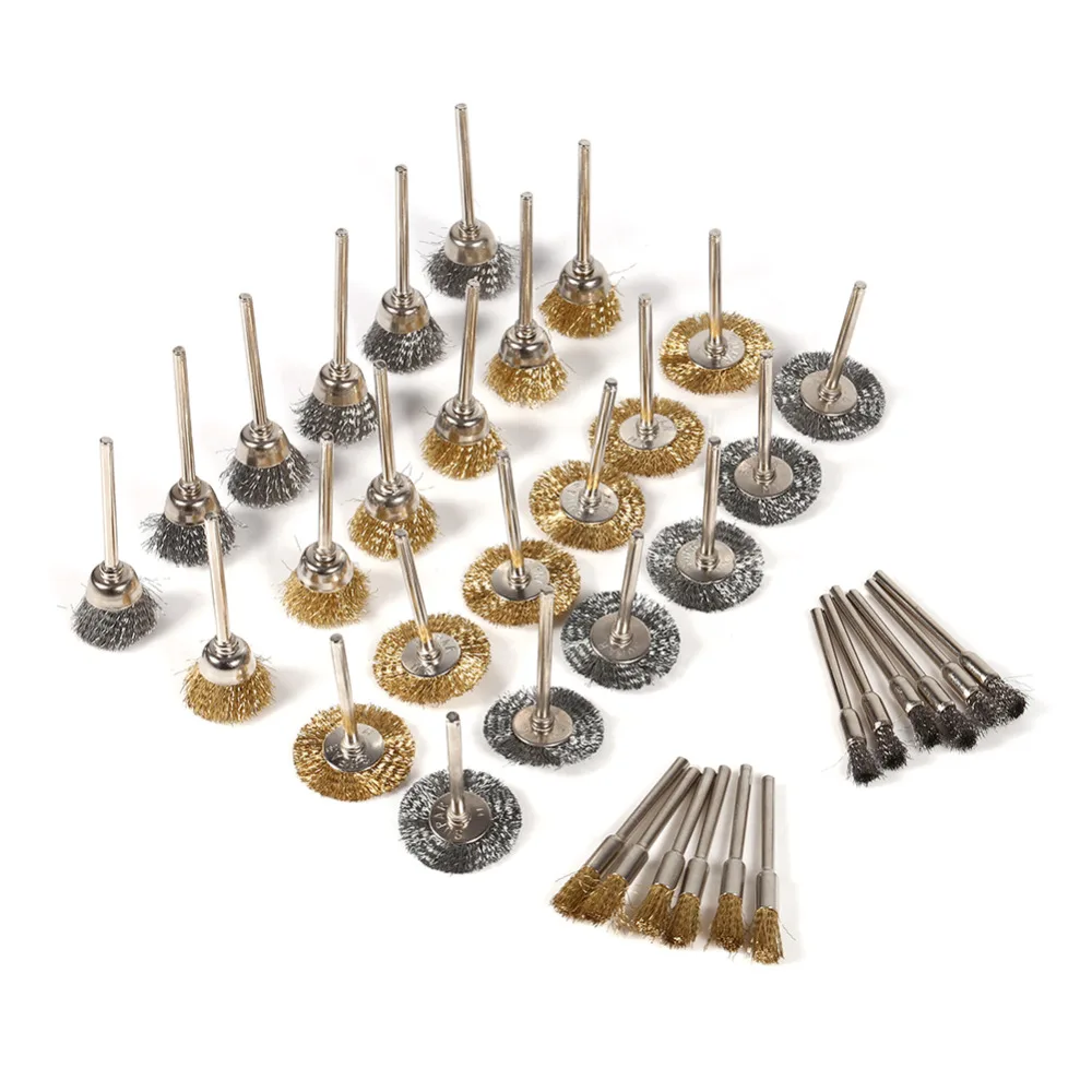 36Pcs/Lot Brass Steel Wire Brush Set Pen Cup Wheel Shaped Polishing Cleaning Rotary Tools Brass