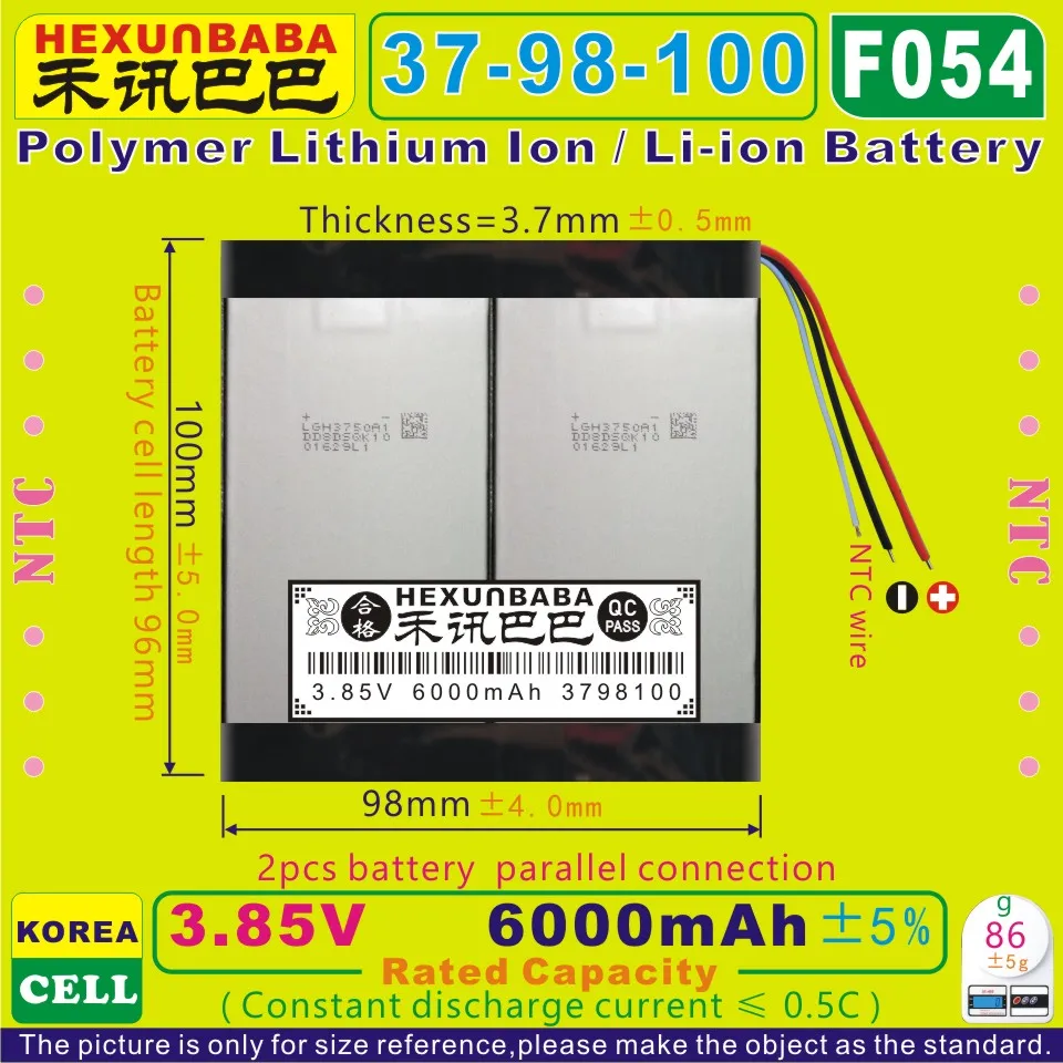 

[F054] 3.85V,3.8V,3.7V 6000mAh [3798100] Polymer lithium ion / Li-ion battery for POWER BANK,tablet pc,cell phone,mp3,mp4,gps