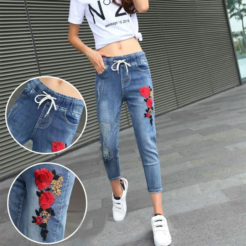 Fashion Embroidery Flower Skinny Jeans Women New Elastic High Waist Ripped Vintage Pencil Pants Denim Trousers