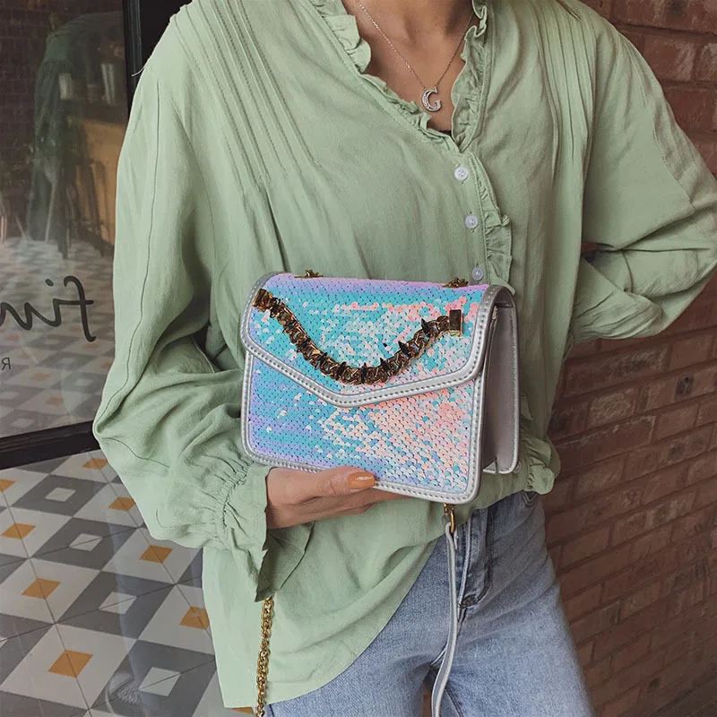 

2019 New Sequins Laser Messenger Mermaid Chain Bag Women Shoulder Crossbody Ladies Handbag Fashion Trend Small Square Package