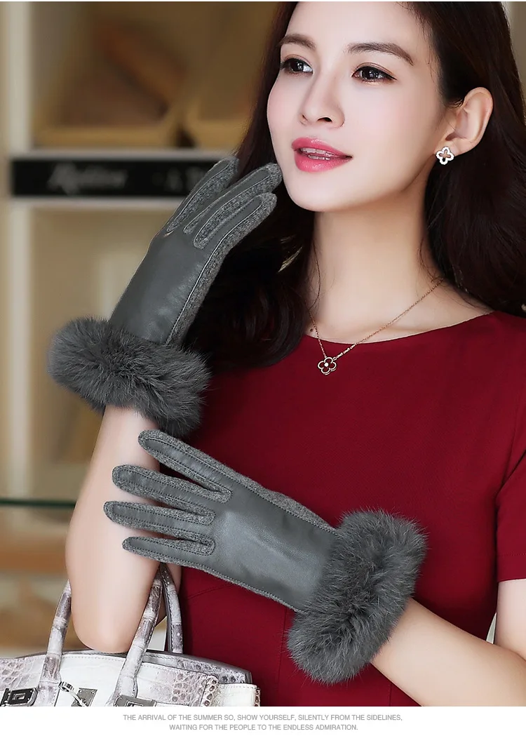 Взрослые перчатки из натуральной кожи женские теплые зимние шерстяные перчатки с Настоящий мех кролика овчины перчатки