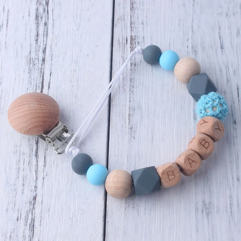 Baby Pacifier Clips DIY Pacifier Chain Wooden+ Silicone Beads Baby Teething Soother Chew Toys Wood Dummy Teether Clip Holder