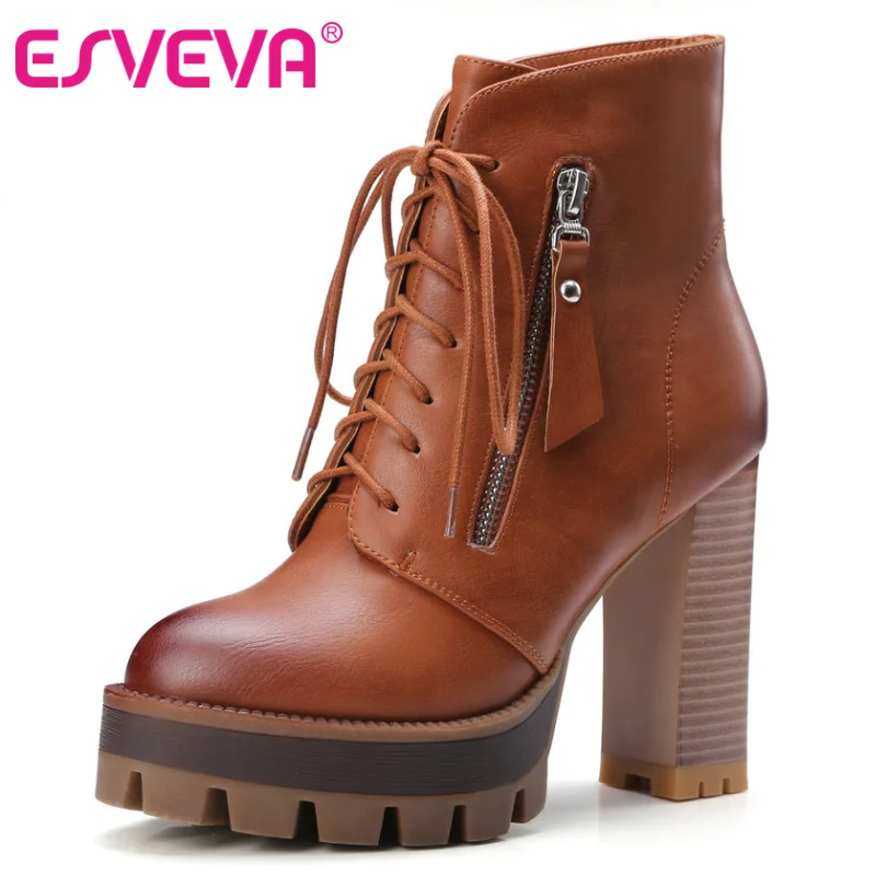 ESVEVA 2016 Lace Up Western Style Women Boots Platform PU Autumn Shoes Thick High Heel Winter Shoes Lady Ankle Boots Size 34-42