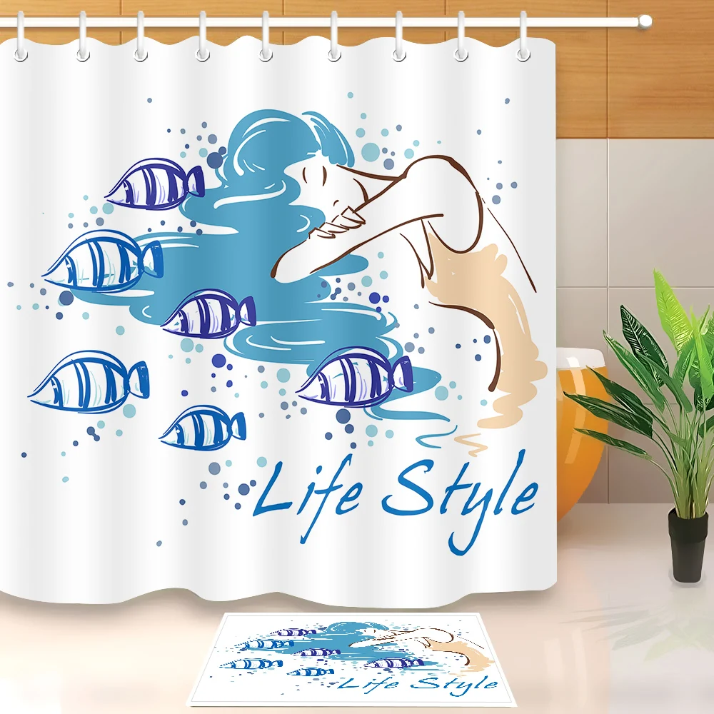 

LB Blue Fish White Shower Curtain Liner With Bath Mat Set Beauty Girl Life Style Bathroom Curtains Waterproof Polyester Fabric