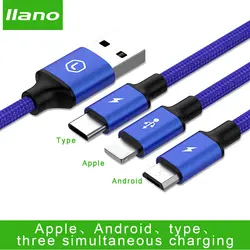 Llano 3 в 1 данных USB Тип Кабеля C Micro USB нейлоновая оплетка 2.4a Быстрая зарядка кабель для iPhone 5 5S 6 Samsung S7 S6 Huawei PC