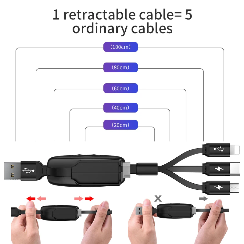 HOCO 3 в 1 usb зарядный кабель гибкий Регулируемый USB Быстрый зарядный кабель Micro USB+ USB 3,1 Тип C для iPhone samsung huawei