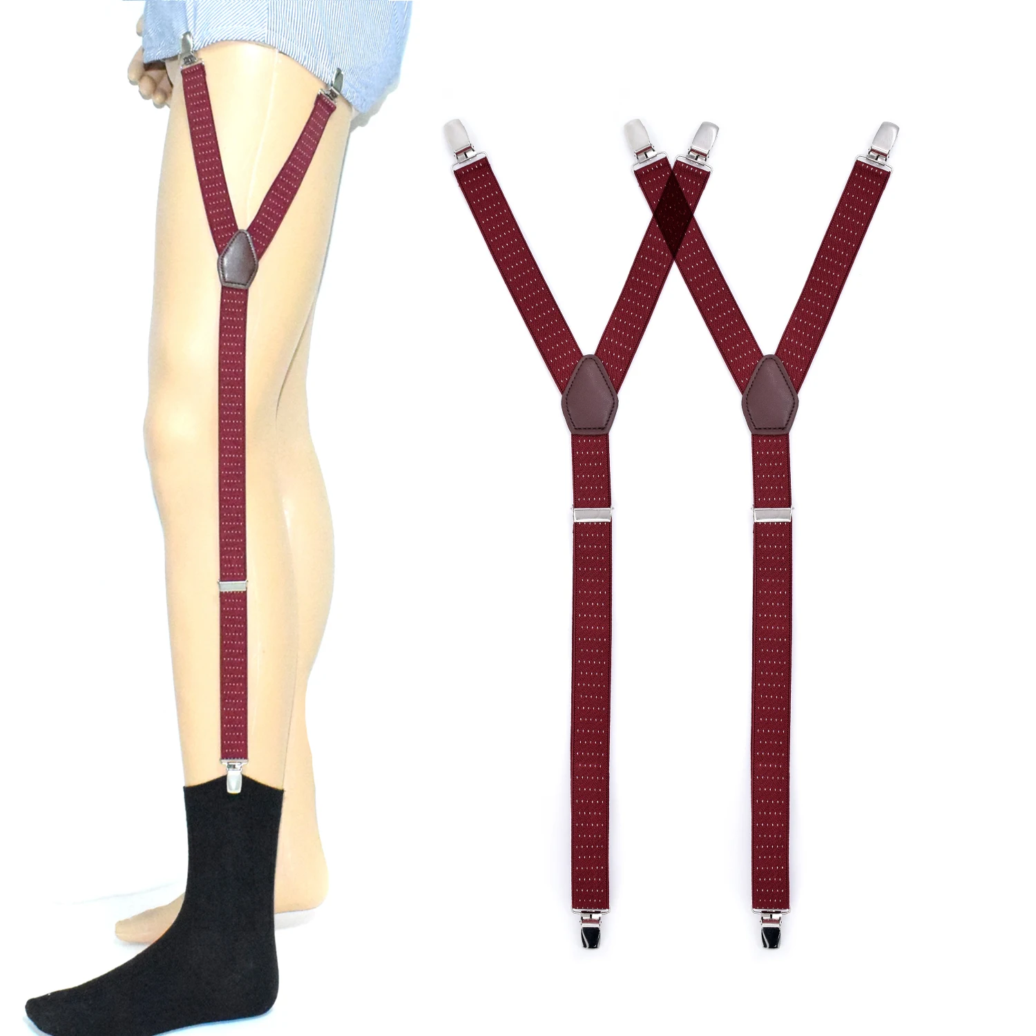 

Mens Shirt Stays Y Style Adjustable Shirt Holders Sock Garters Leg Suspenders Straps for Men Police Military Burgundy Color