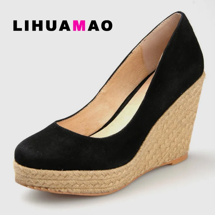 

LIHUAMAO Suede Women Wedges Shoes round toe platform espadrilles heel Pumps slip on Leisure party wedding office career shoes