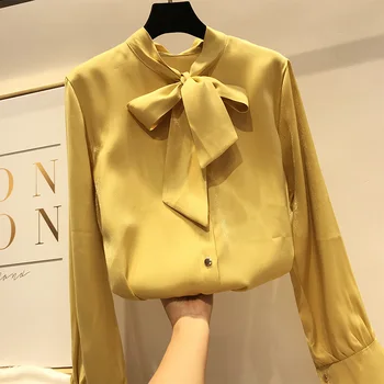 

2019 summer new bow women chiffon blouse and shirts solid loose elegant office lady white shirts all match outwear coat tops