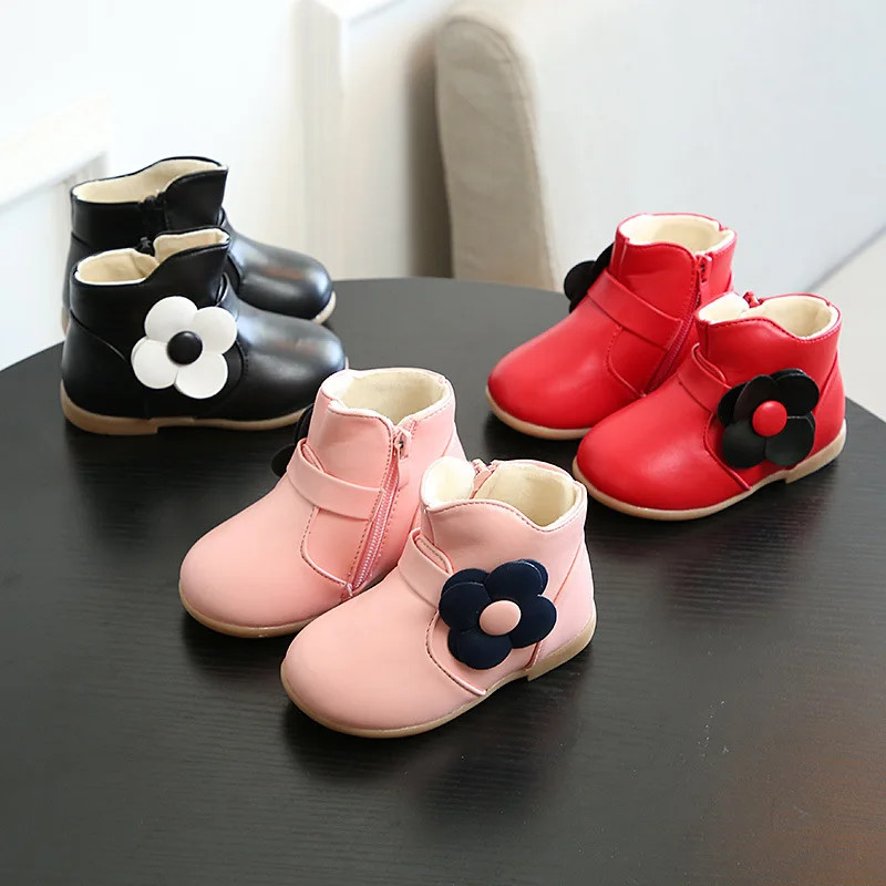 

2019 New Winter Children Shoes PU Leather Waterproof Girls Boots Kids Snow Boots Floral Flower Children Winter Shoes size 21-30
