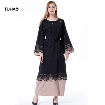 

TUHAO Muslim Dress Lace Stitching Beading Loose Long-sleeved High Waist Long Maxi Dresses Female 4XL Plus Size Dresses TT1597