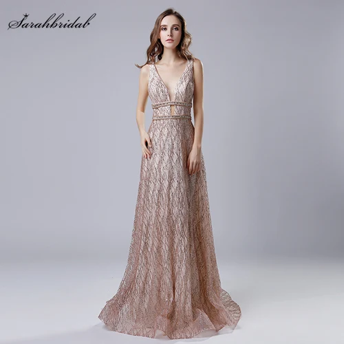 Длинные вечерние платья с v-образным вырезом и блестками, элегантные вечерние платья из тюля с бисером без рукавов с открытой спиной для женщин, недорогие платья LSX541 - Цвет: Rose Gold
