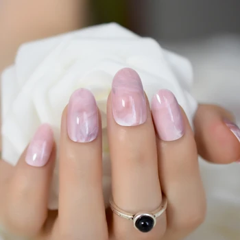 

Pink Marble Artificial Fake Nails Fashion Ladies Daily Wear Oval Short Nail Art Tips DIY Design Tip 24 Count