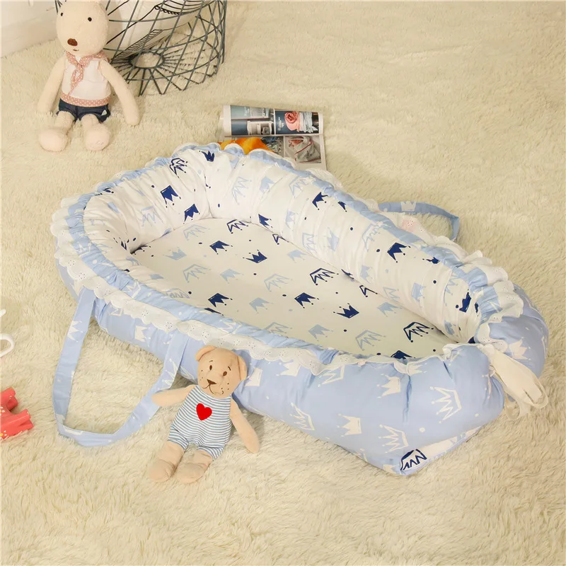 0-12 месяцев детская кровать-гнездо портативная съемная и моющаяся кроватка дорожная кровать для детей Младенческая Детская Хлопковая Колыбель - Цвет: Crown-Blue