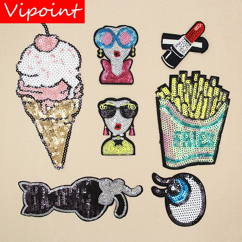 

VIPOINT embroidery Sequins big belle patches foods lip eyes patches badges applique patches for clothing XW-85